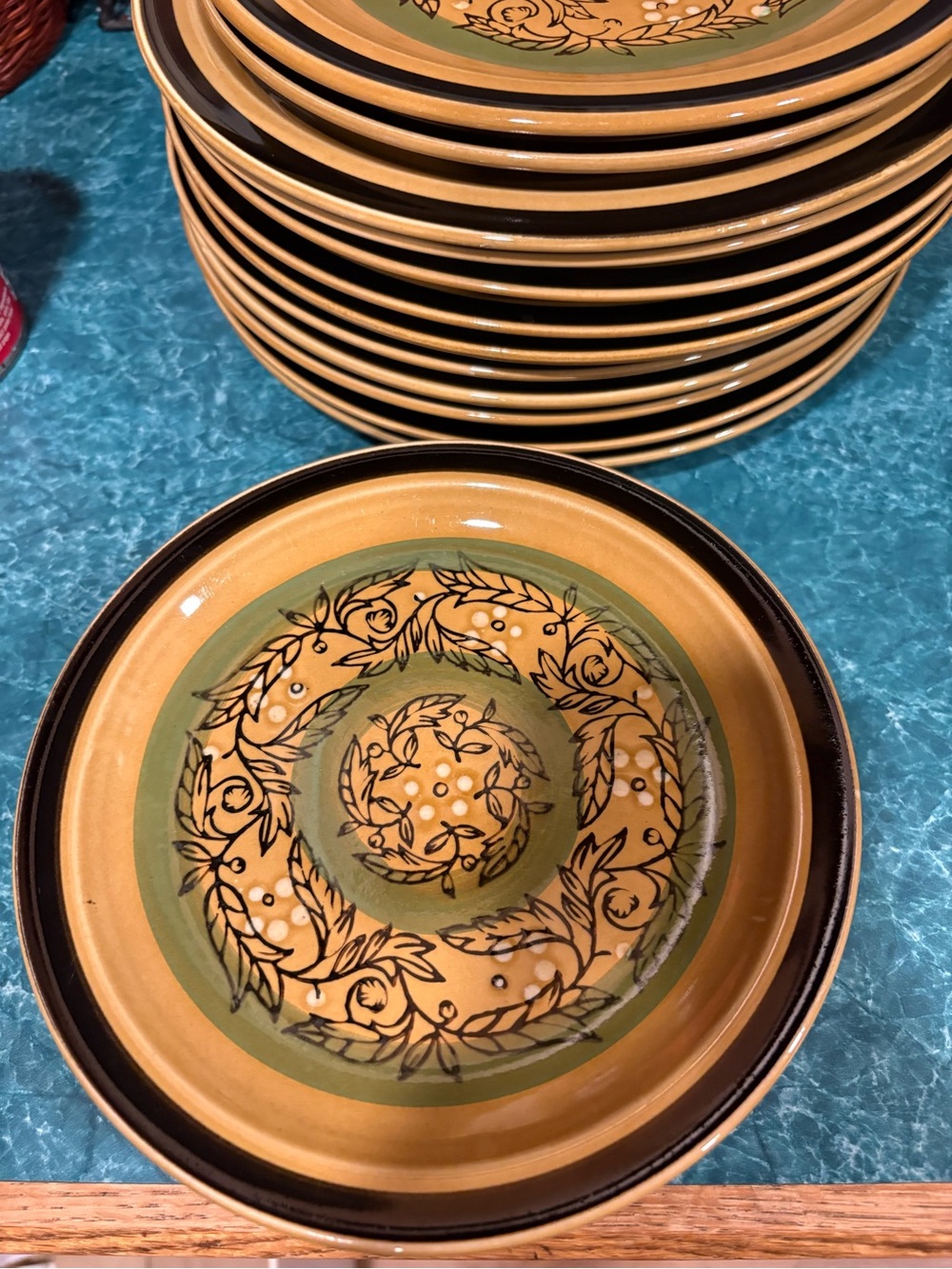 Hand-Painted Green and Mustard Decorative salad Plate - Set of Six